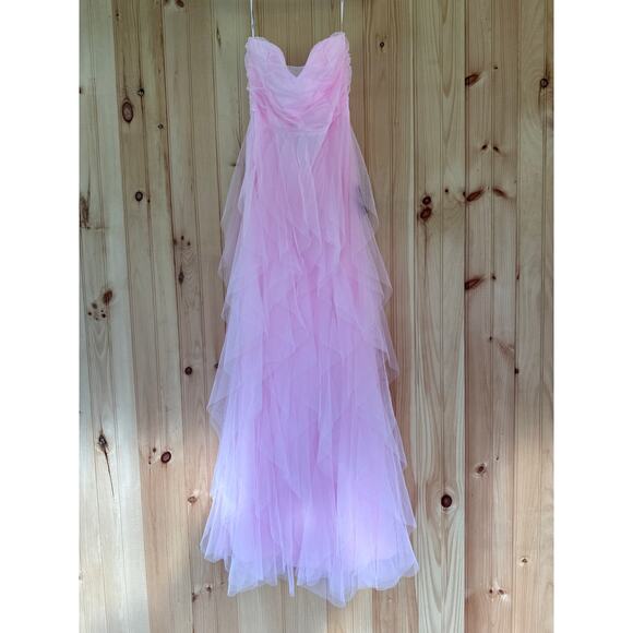 NWT Lulus Delightful Beauty Pink Mesh Strapless Ruched Ruffled Maxi Dress Size M - Picture 2 of 8